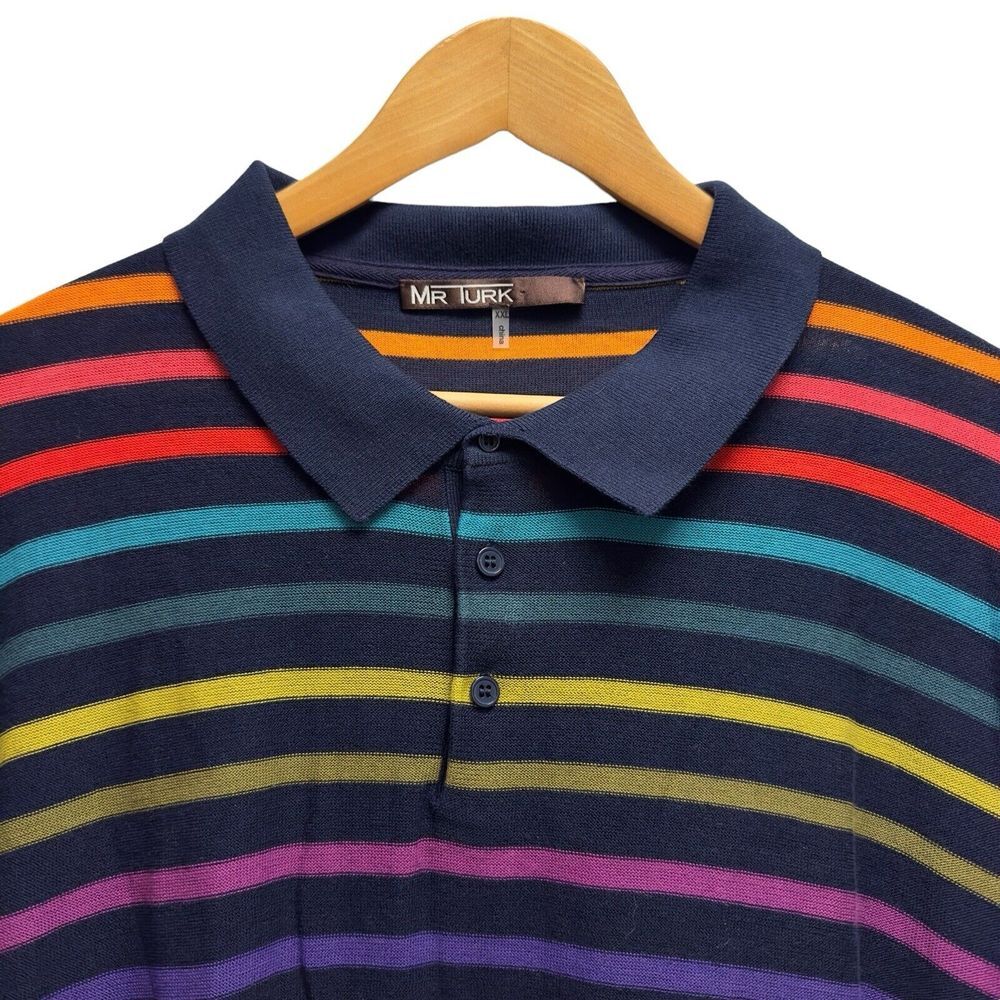 Mr. Turk Mens Sz 2XL Knit Polo S/S Shirt Navy Blue Multicolor Striped Cotton euc